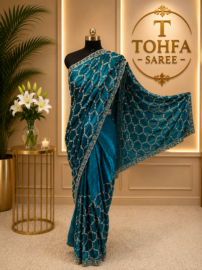 Premium Teal Blue Designer Saree with Intricate Beads Work