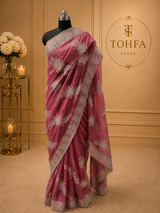 Dusty Rose Organza Saree with light gold Zari Embroidery
