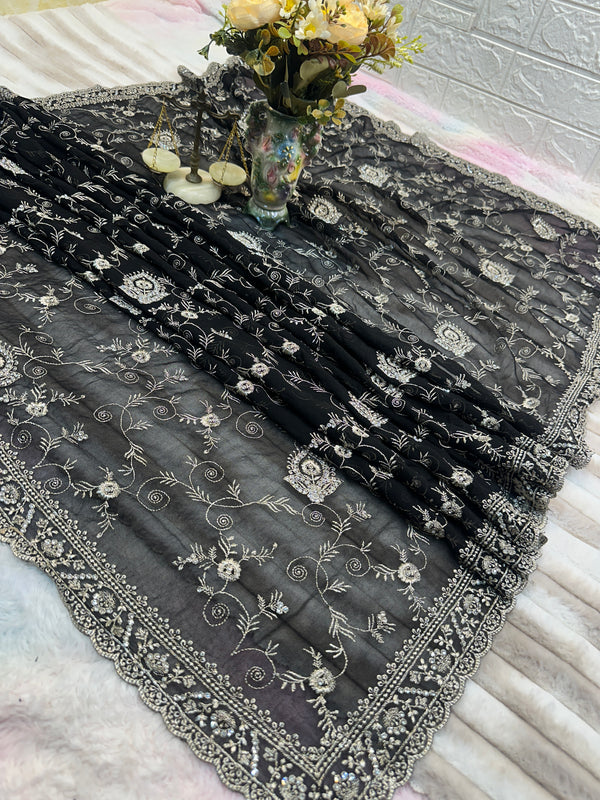 Premium Black Saree with Dupatta | Heavy Embroidery & Stone Work