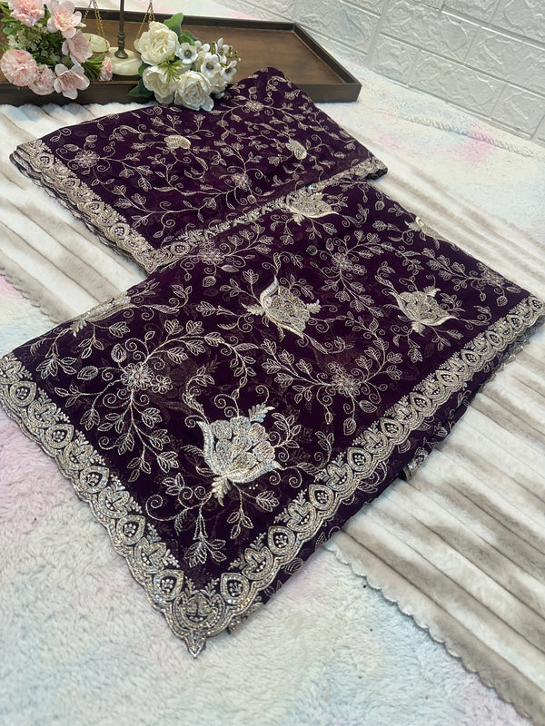 Dark Wine Zari & Zarkhan Saree with Dupatta
