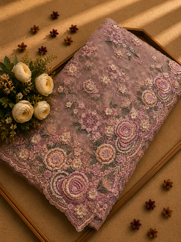 Luxury Mauve Pure Soft Butterfly Net Saree with Heavy Floral Embroidery & Sequin Work | Premium Wedding & Designer Collection
