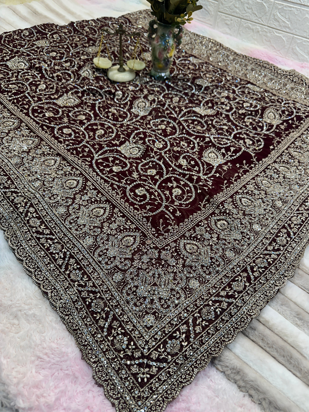 Premium Brown Saree with Dupatta | Heavy Embroidery & Stone Work