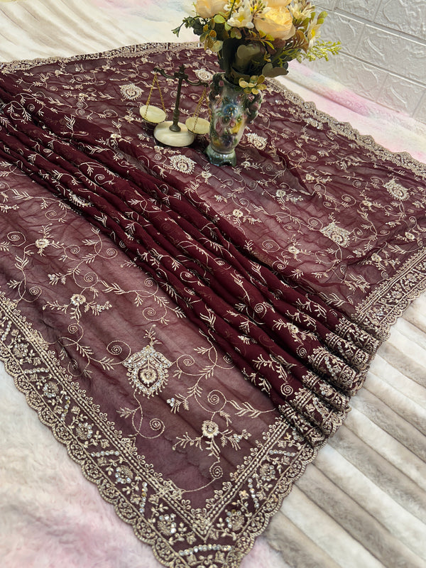 Premium Brown Saree with Dupatta | Heavy Embroidery & Stone Work