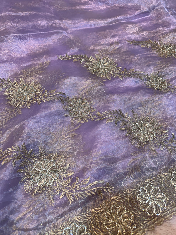 Lavender grey Organza Saree with Silver Floral Embroidery
