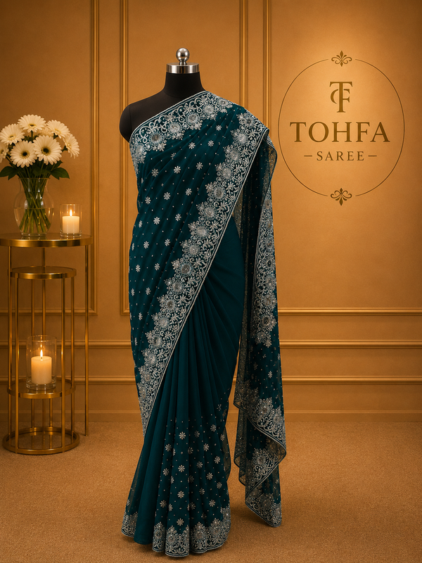 Teal Blue Georgette Saree with Silver Zari & Sequin Embroidery