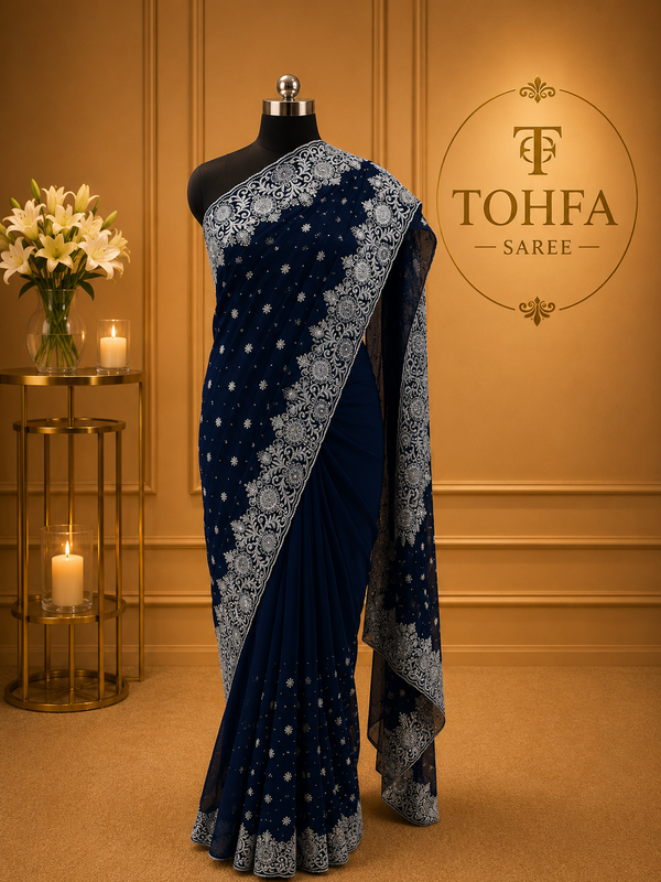 Navy Blue Georgette Saree with Silver Zari & Sequin Embroidery