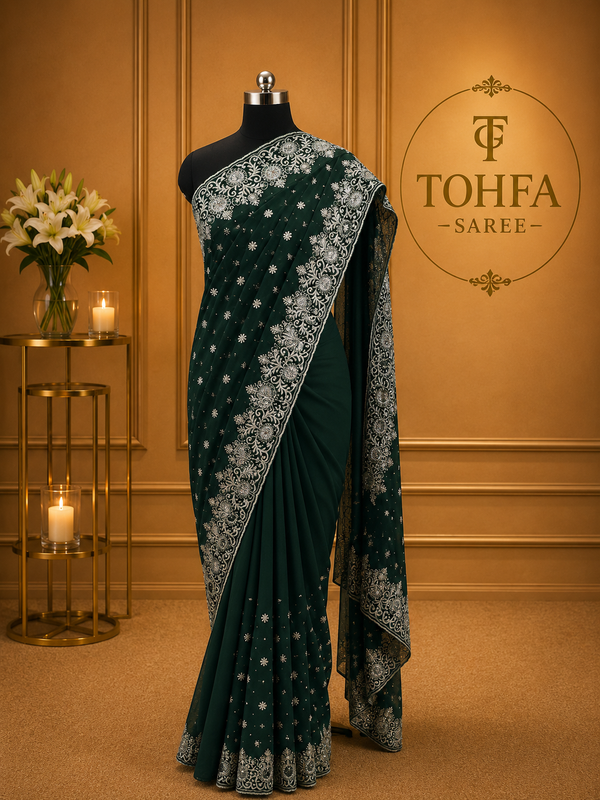 Emerald Green Georgette Saree with Silver Zari & Sequin Embroidery