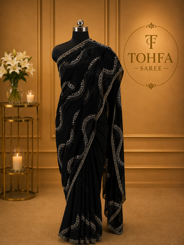 Premium Jet Black Fendi Saree with Elegant Stone Work – Luxury Designer Party Wear, Wedding & Festive Collection