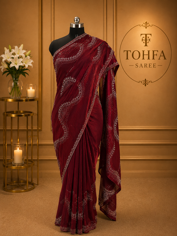 Premium Deep Maroon Red Fendi Saree with Elegant Stone Work – Luxury Party Wear, Wedding & Festive Collection