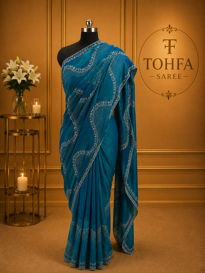 Premium Turquoise Blue Fendi Saree with Elegant Stone Work – Luxury Designer Party Wear, Wedding & Festive Collection