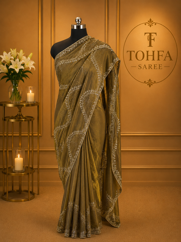 Premium Olive Gold Fendi Saree with Elegant Stone Work – Luxury Designer Party Wear, Wedding & Festive Collection