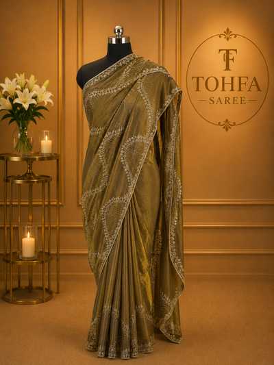 Premium Olive Gold Fendi Saree with Elegant Stone Work – Luxury Designer Party Wear, Wedding & Festive Collection