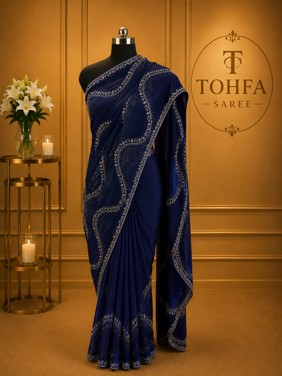 Premium Royal Blue Fendi Saree with Elegant Stone Work – Luxury Designer Party Wear, Wedding & Festive Collection