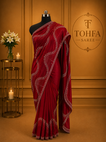 Premium Ruby Red Fendi Saree with Elegant Stone Work – Luxury Designer Party Wear, Wedding & Festive Collection