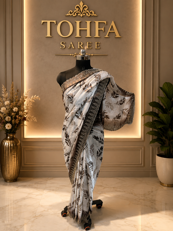 Elegant White & Coffee Brown Golden Zarkhan Saree | Premium Party Wear Collection