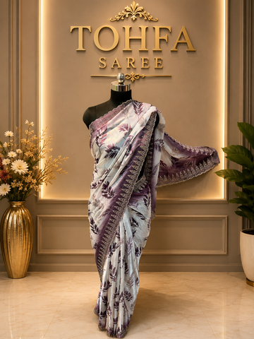 Elegant White & Mauve Purple Golden Zarkhan Saree | Premium Party Wear Collection
