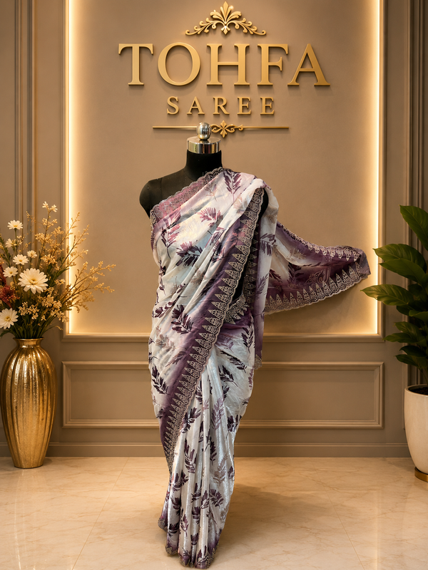 Elegant White & Mauve Purple Golden Zarkhan Saree | Premium Party Wear Collection