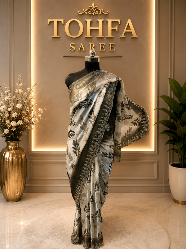 Elegant White & Olive Green Golden Zarkhan Saree | Premium Party Wear Collection