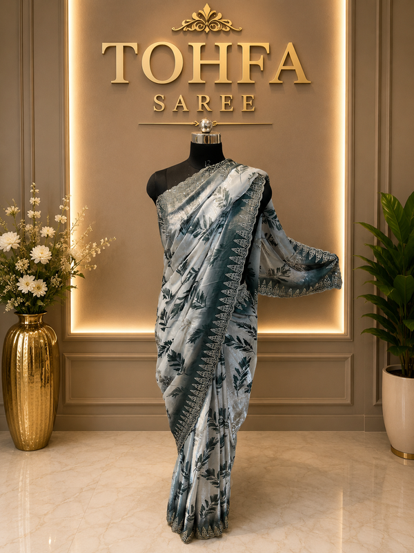 Elegant White & Teal Green Golden Zarkhan Saree | Premium Party Wear Collection
