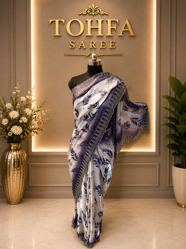 Elegant White & Purple Golden Zarkhan Saree | Premium Party Wear Collection