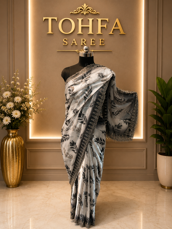 Elegant White & Grey Golden Zarkhan Saree | Premium Party Wear