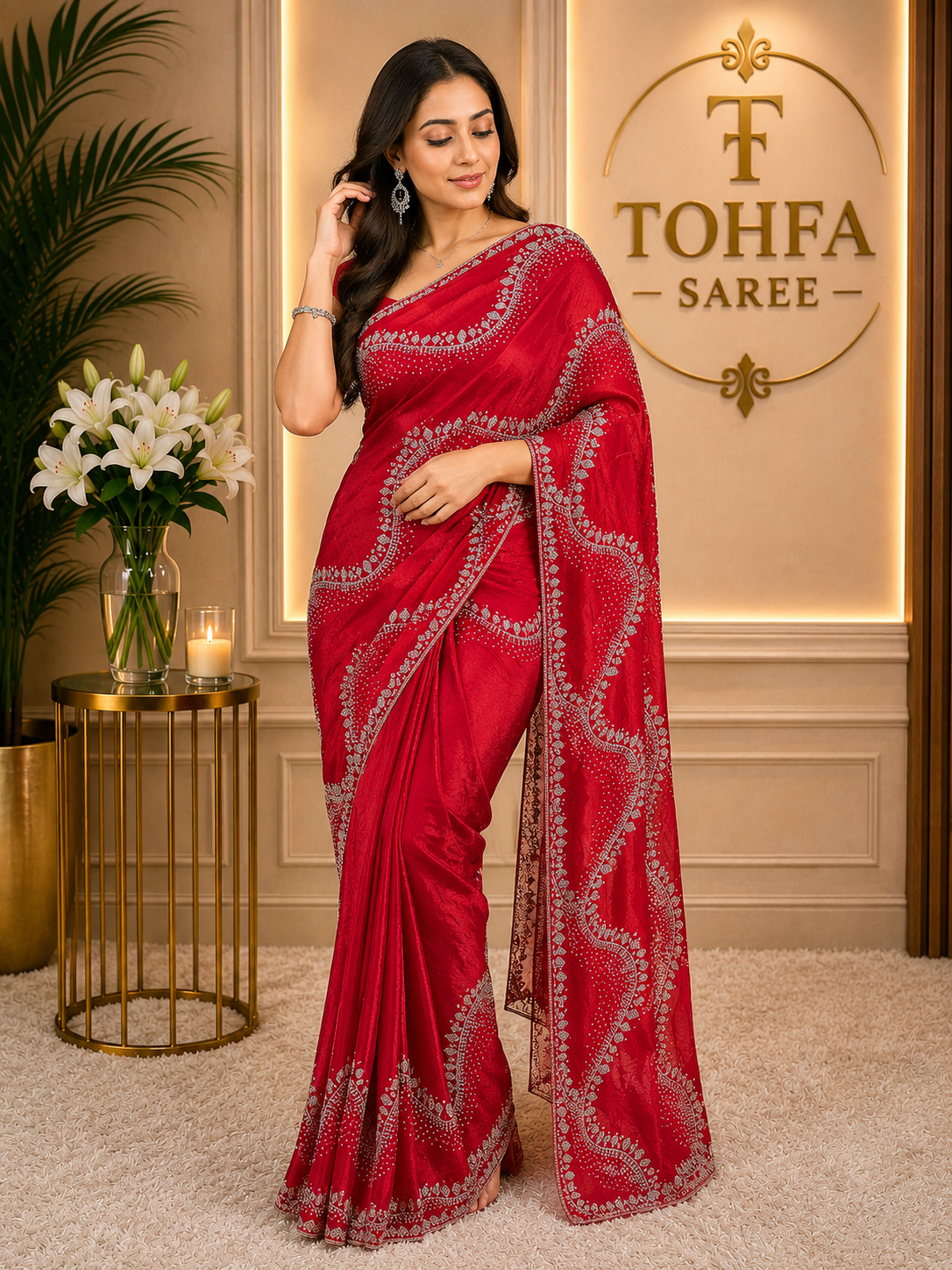 Premium Ruby Red Fendi Saree with Elegant Stone Work – Luxury Designer Party Wear, Wedding & Festive Collection