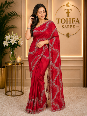 Premium Ruby Red Fendi Saree with Elegant Stone Work – Luxury Designer Party Wear, Wedding & Festive Collection