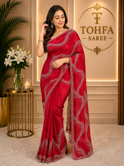 Premium Ruby Red Fendi Saree with Elegant Stone Work – Luxury Designer Party Wear, Wedding & Festive Collection