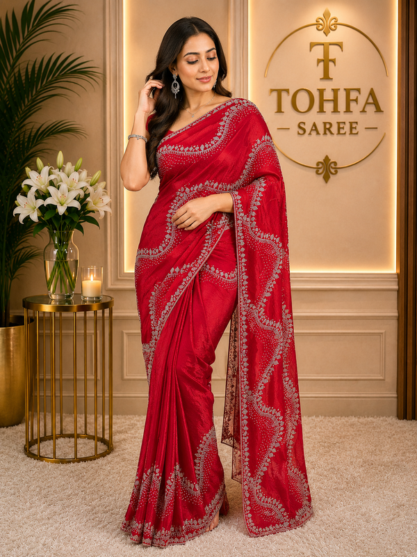 Premium Ruby Red Fendi Saree with Elegant Stone Work – Luxury Designer Party Wear, Wedding & Festive Collection