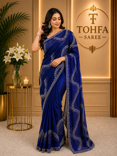 Premium Royal Blue Fendi Saree with Elegant Stone Work – Luxury Designer Party Wear, Wedding & Festive Collection