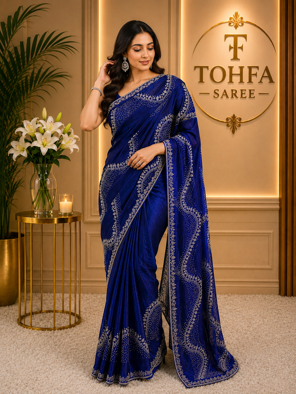 Premium Royal Blue Fendi Saree with Elegant Stone Work – Luxury Designer Party Wear, Wedding & Festive Collection