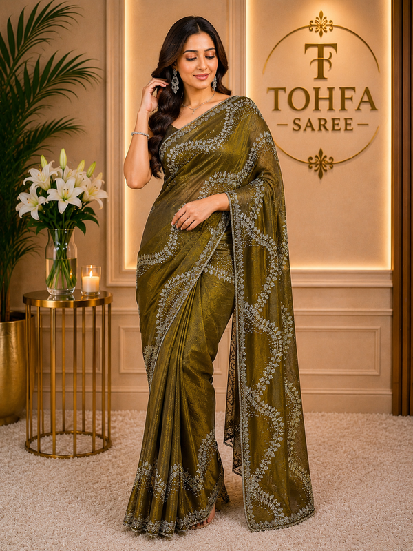 Premium Olive Gold Fendi Saree with Elegant Stone Work – Luxury Designer Party Wear, Wedding & Festive Collection