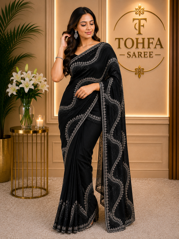 Premium Jet Black Fendi Saree with Elegant Stone Work – Luxury Designer Party Wear, Wedding & Festive Collection