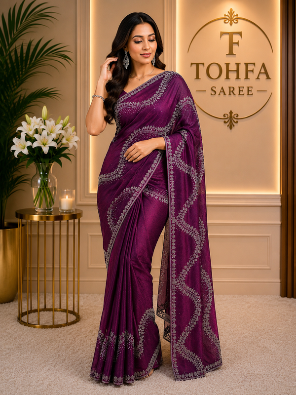 Premium Royal Purple Fendi Saree with Elegant Stone Work – Luxury Designer Party Wear, Wedding & Festive Collection