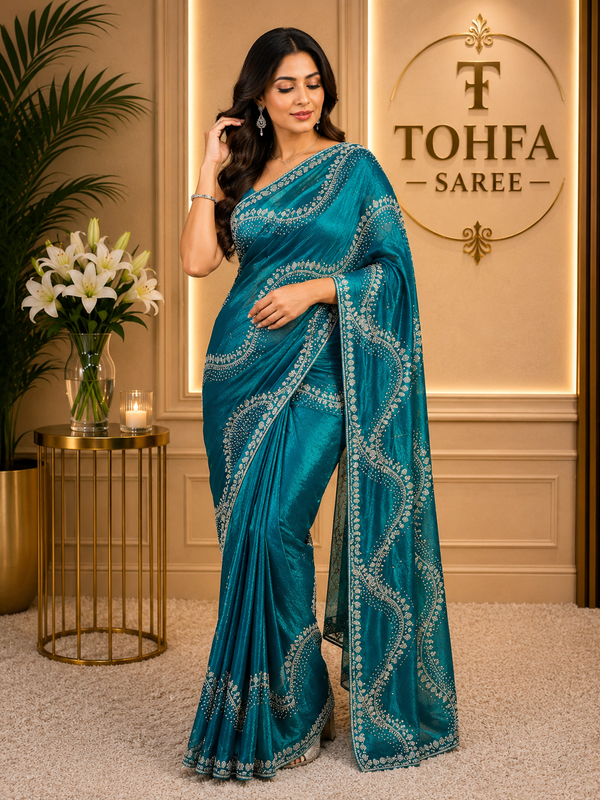 Premium Turquoise Blue Fendi Saree with Elegant Stone Work – Luxury Designer Party Wear, Wedding & Festive Collection