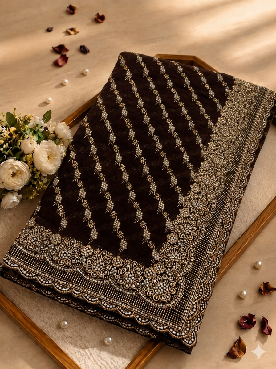 Special brown Georgette Saree with Zari & Zarkhan Work