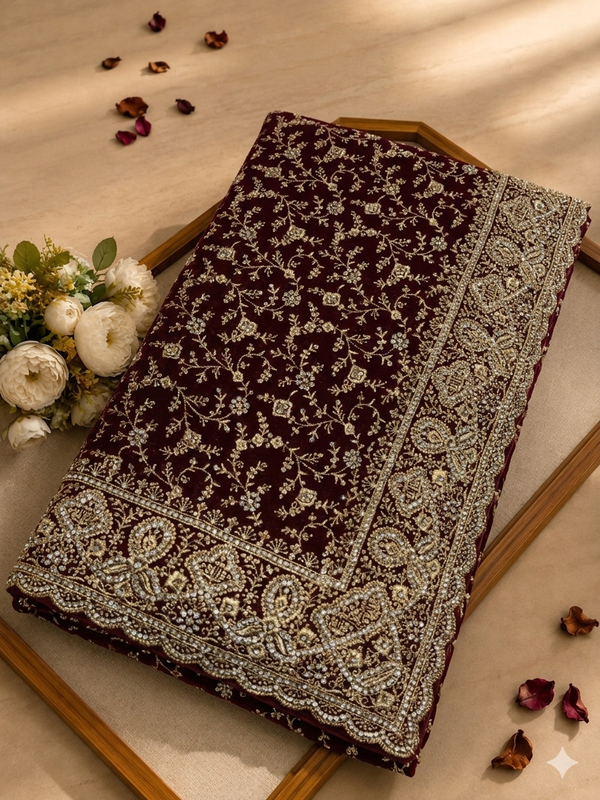 Elegant Wine  Georgette Saree with Zari &ZARKHAN Work – Luxury Wedding Collection