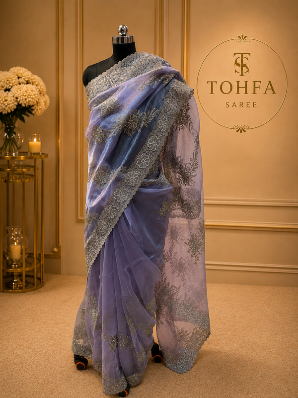 Lavender grey Organza Saree with Silver Floral Embroidery