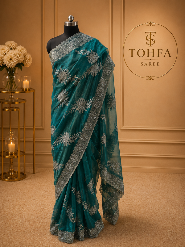 Sea green Organza Saree with Intricate Silver Floral Embroidery