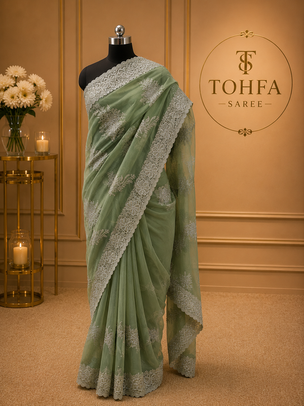 Pista green Organza Saree with Intricate Silver Embroidery