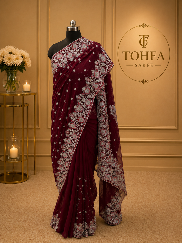 Maroon Georgette Saree with Silver & Pink Zari Embroidery