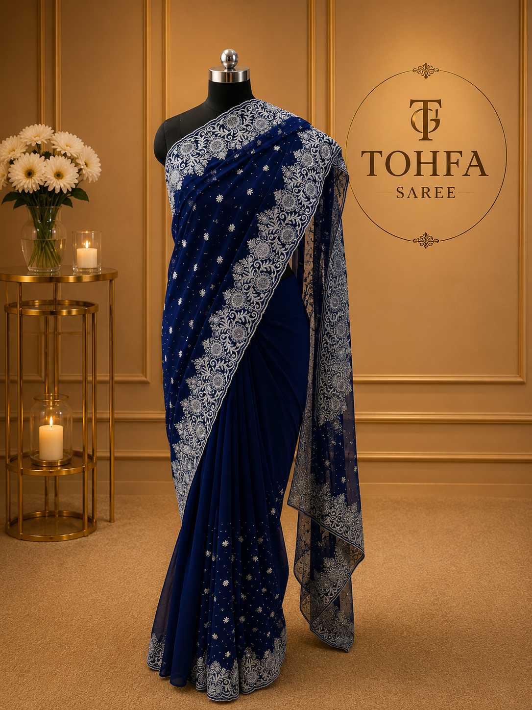Royal Blue Georgette Saree with Silver Zari & Sequin Embroidery