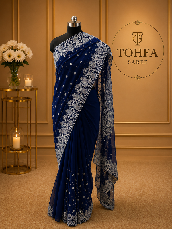 Royal Blue Georgette Saree with Silver Zari & Sequin Embroidery