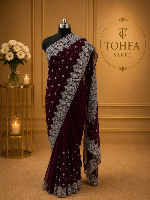 Wine Georgette Saree with Silver Zari & Sequin Embroidery