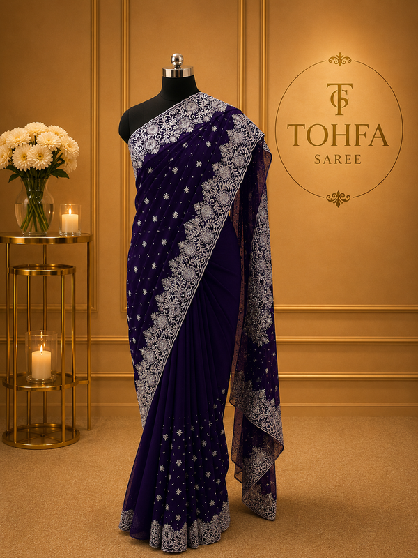 Royal Purple Georgette Saree with Silver Zari & Sequin Embroidery