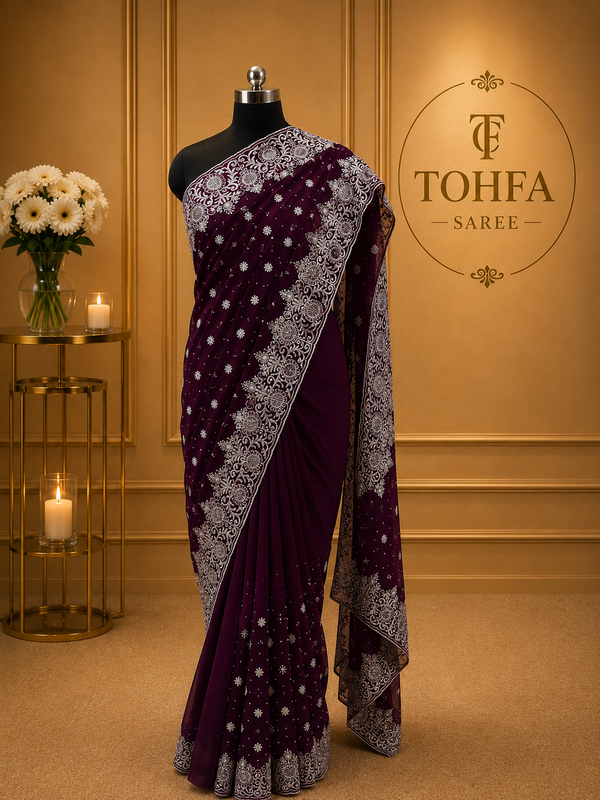 Plum Purple Georgette Saree with Silver Zari & Sequin Embroidery
